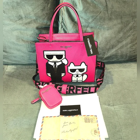 NWT KARL LAGERFELD PARIS MAYBELLINE  LEATHER TWO-WAY TOTE W/ RARE LOVE LETTER - Picture 2 of 16